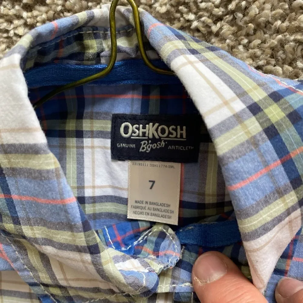 Boys Button Plaid Casual Dress Shirt, Oshkosh B’Gosh, Front Pocket, Long Sleeve